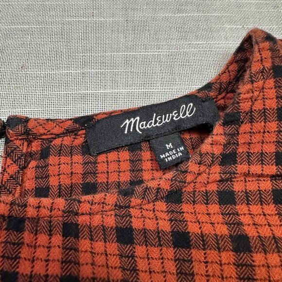 Madewell Ruffle-Front Top in Plaid Orange Red & Black Size Medium Cotton - Picture 3 of 7